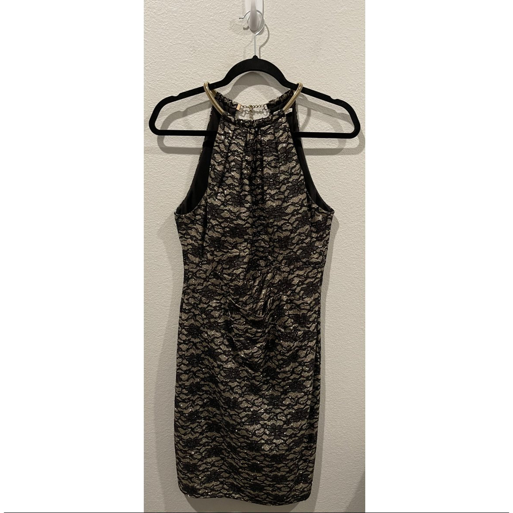 ELIZA J Black Gold Lace Halter Midi Dress